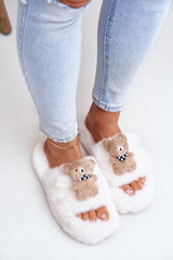 Women's fur slippers with a cute teddy bear