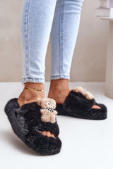 Women's fur slippers with a cute teddy bear