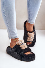 Women's fur slippers with a cute teddy bear