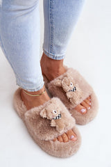 Women's fur slippers with a cute teddy bear