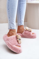 Women's fur slippers with a cute teddy bear