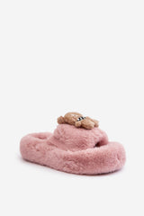 Women's fur slippers with a cute teddy bear