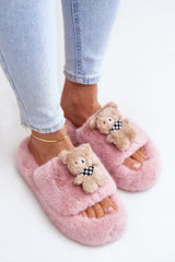 Women's fur slippers with a cute teddy bear