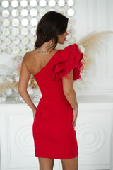 One-shoulder feather dazzling evening dress