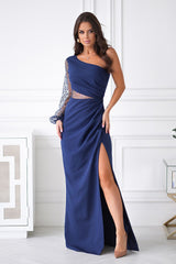 Long one-shoulder sleeve sequin evening dress