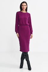 Long ruffle sleeve ribbed knit fabric versatile dress