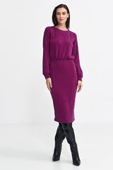 Long ruffle sleeve ribbed knit fabric versatile dress