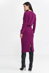 Long ruffle sleeve ribbed knit fabric versatile dress