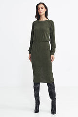 Long ruffle sleeve ribbed knit fabric versatile dress