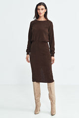 Long ruffle sleeve ribbed knit fabric versatile dress