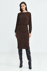 Long ruffle sleeve ribbed knit fabric versatile dress