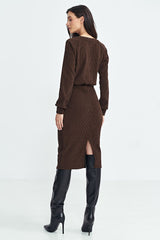 Long ruffle sleeve ribbed knit fabric versatile dress