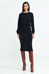 Long ruffle sleeve ribbed knit fabric versatile dress