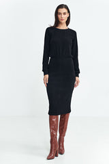 Long ruffle sleeve ribbed knit fabric versatile dress