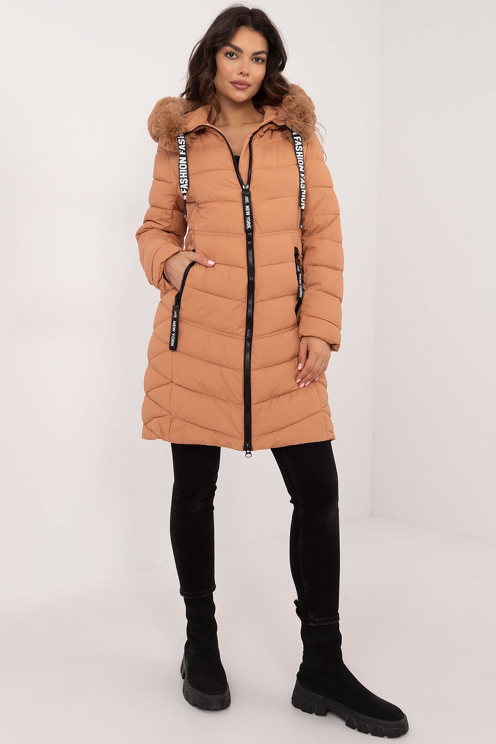 Detachable fur quilted knee-length jacket