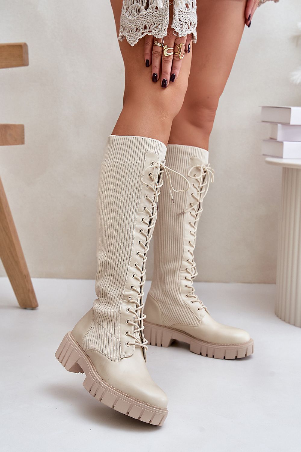 Elegant Slip-on beige knee-high boots