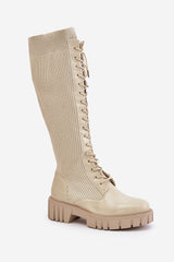 Elegant Slip-on beige knee-high boots