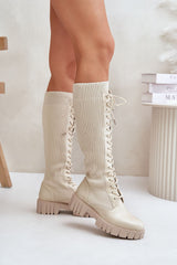 Elegant Slip-on beige knee-high boots