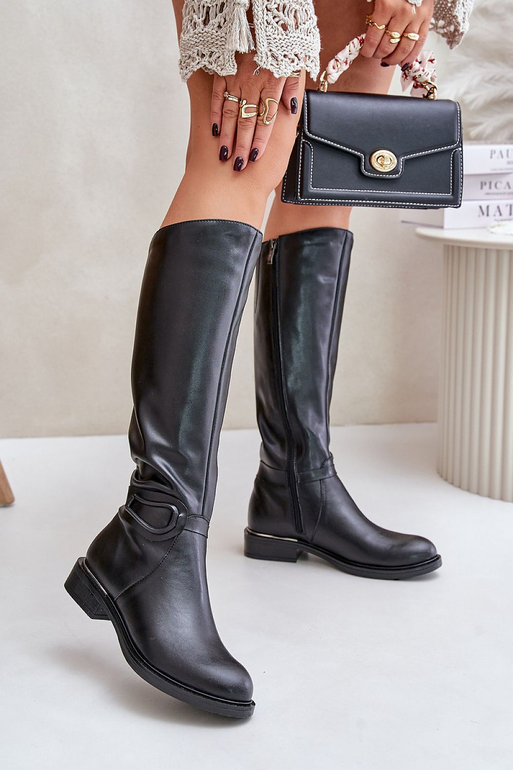 Decorative stripe natural leather knee-high boots