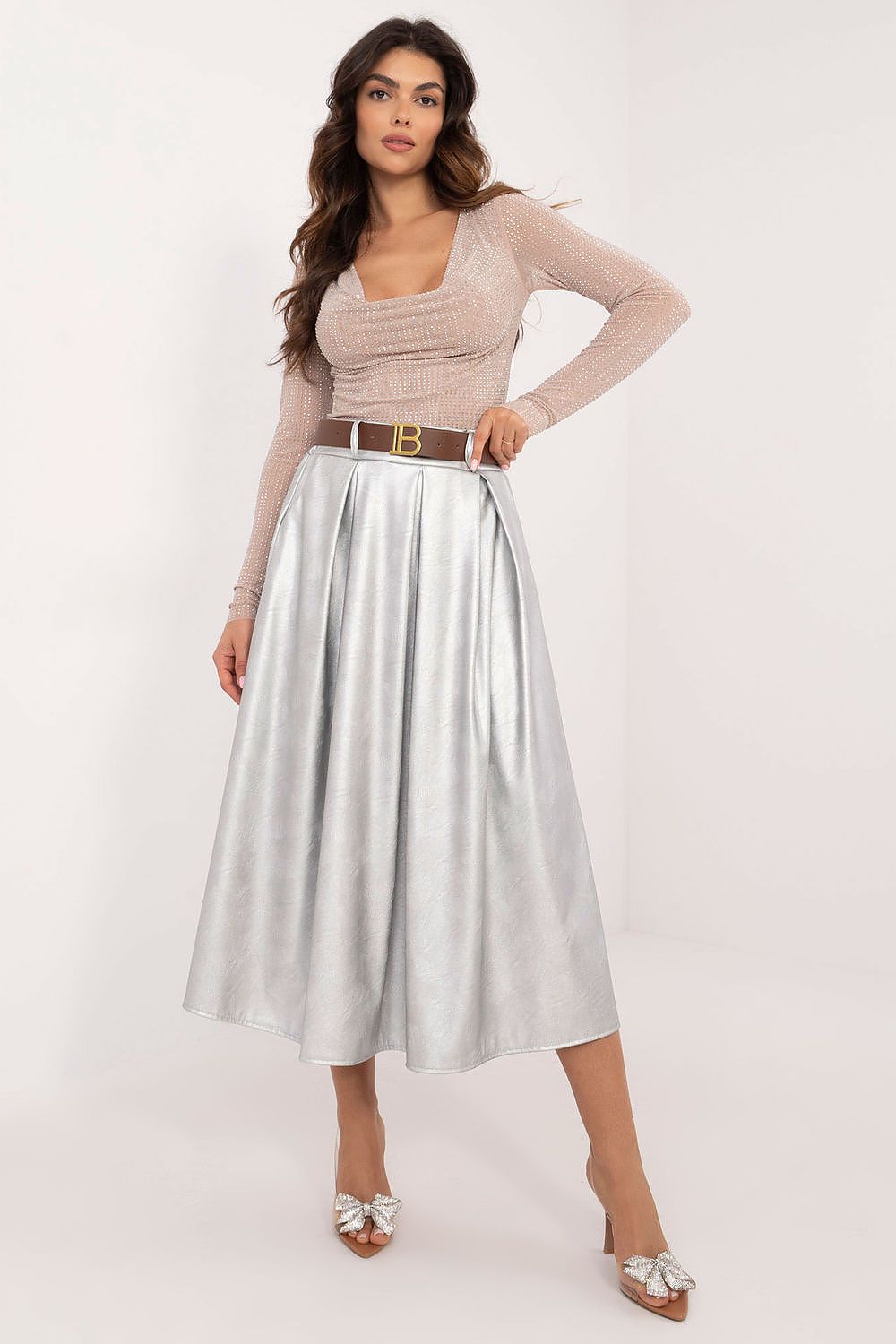 Elegant midi length imitation leather skirt