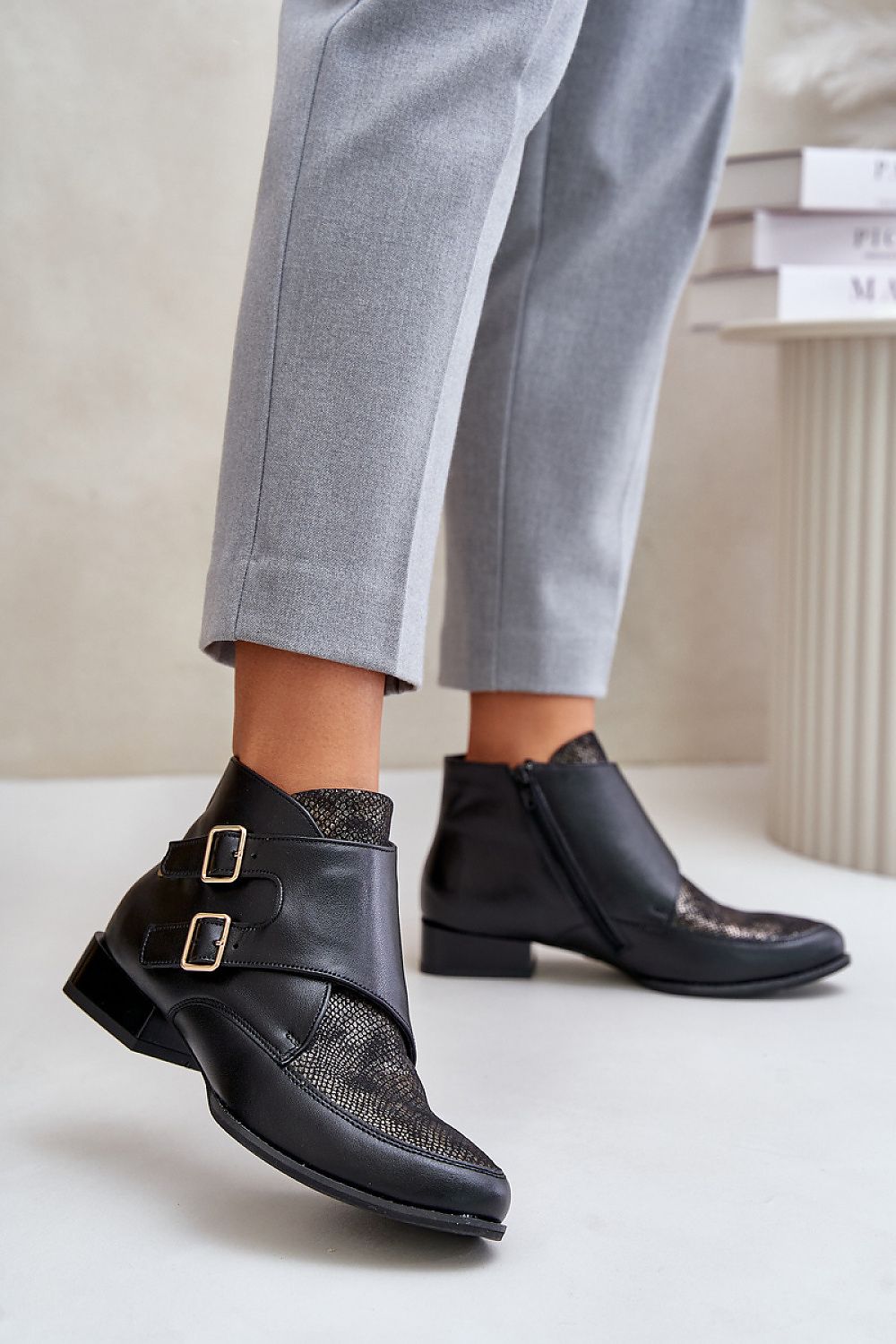 Natural leather low block heel ankle boots