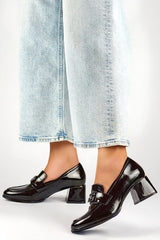 Black patent leather block heel pumps