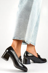 Black patent leather block heel pumps