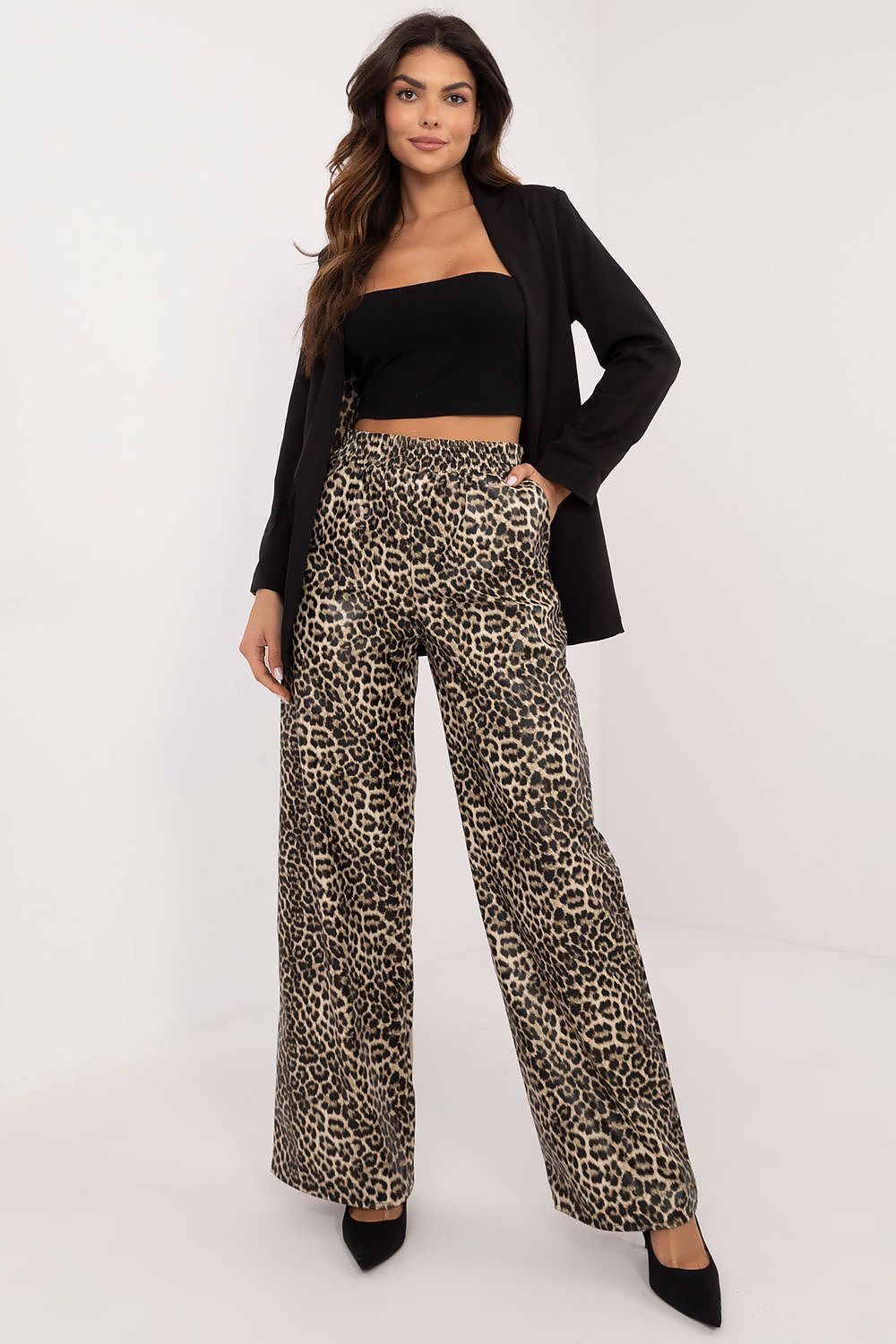 Women eco-leather animal motif trousers