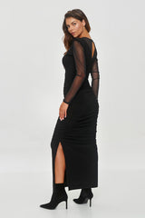 Long sheer mesh sleeves black evening dress