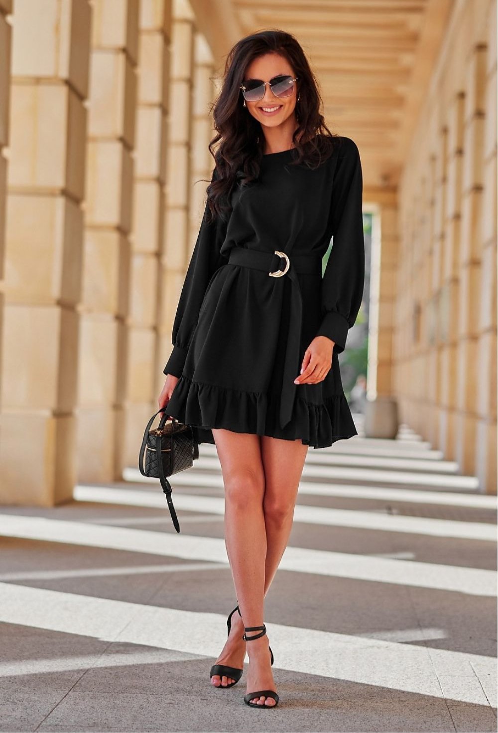 Long sleeve day dress with a decorative belt