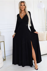 Long sleeves elegant formal dress with a leg slit