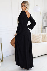 Long sleeves elegant formal dress with a leg slit