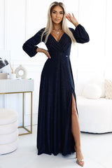 Long sleeves elegant formal dress with a leg slit