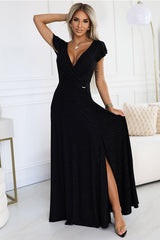 Elegant brocade shiny maxi slit evening dress