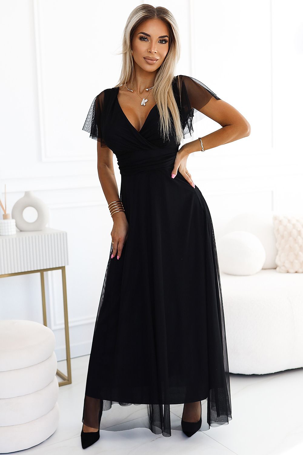 Delicate short sleeves black tulle evening dress