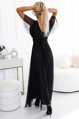 Delicate short sleeves black tulle evening dress