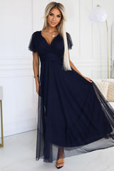 Long navy tulle short sleeves evening dress