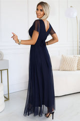 Long navy tulle short sleeves evening dress