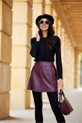 Leather-like material short trapeze skirt