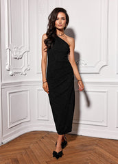 One-shoulder brocade evening dress