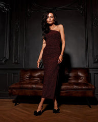 One-shoulder brocade evening dress