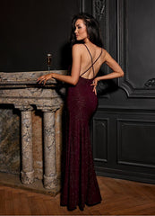 Long open back strapless brocade fabric evening dress