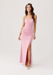 Long open back strapless brocade fabric evening dress