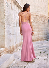 Long open back strapless brocade fabric evening dress