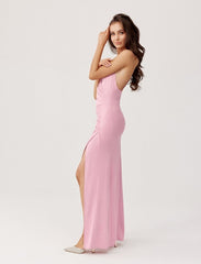 Long open back strapless brocade fabric evening dress