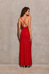 Long open back strapless brocade fabric evening dress