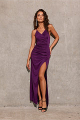 Long open back strapless brocade fabric evening dress