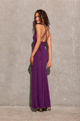 Long open back strapless brocade fabric evening dress