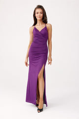 Long open back strapless brocade fabric evening dress