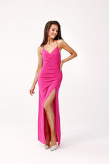 Long open back strapless brocade fabric evening dress